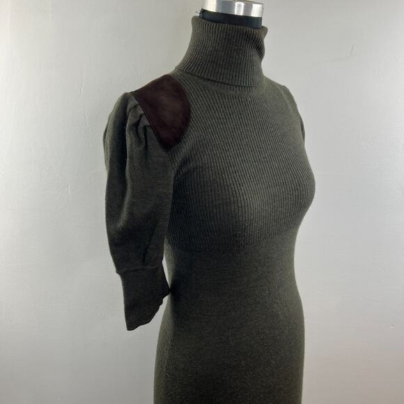 RUGBY Ralph Lauren Green Sweater Dress Suede Merino Wool Turtle Neck Sz Small S - Picture 4 of 9
